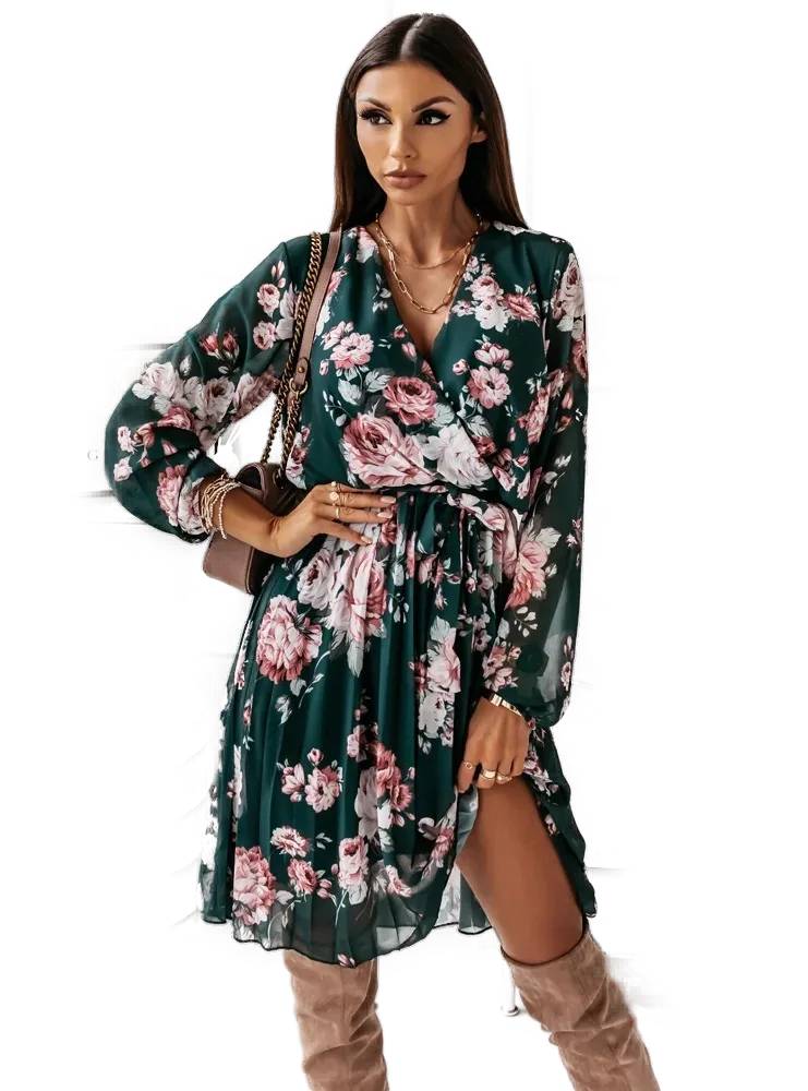 Robe Fleurie Courte Mousseline Verte Sombre