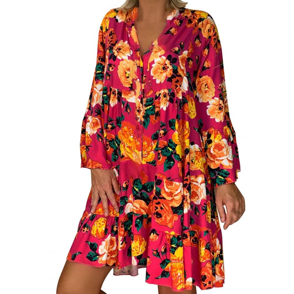 Robe Chemise Florale Rouge Courte Col V