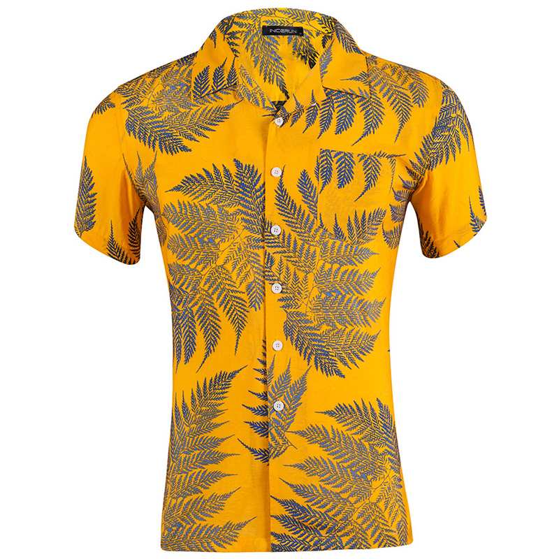 Chemise Hawaienne Jaune Fougère Bleue