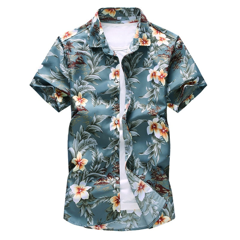 Chemise Hawaienne Bleue à Fleurs d'Hibiscus