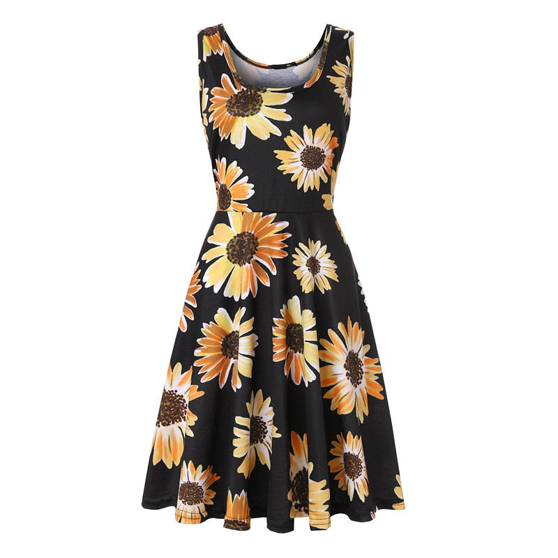 Robe Fleurie Mi-Longue Évasée au Tournesols <br> Grandes Tailles