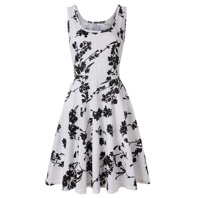 Robe Fleurie Sans Manche Evasée Noir et Blanc <br> Grandes Tailles