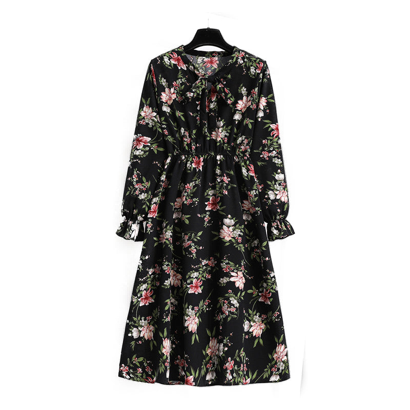 Robe Fleurie Noire Taille Élastique Col à Ruban