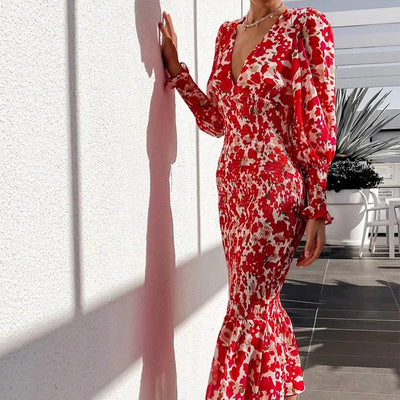 Robe Fleurie Cintrée Flamenco Rouge