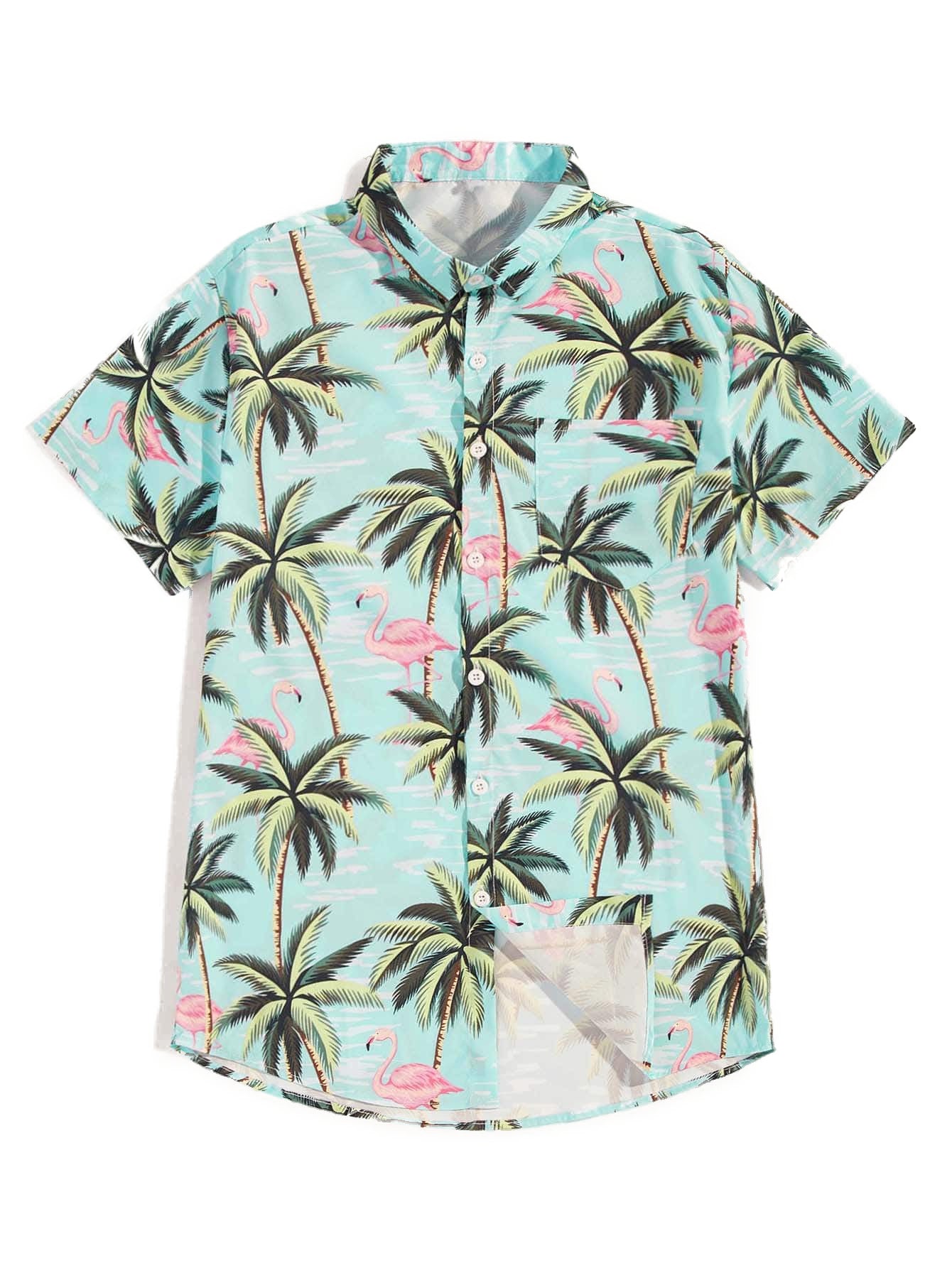 Chemise Hawaienne Bleue Palmiers et Flamand Roses